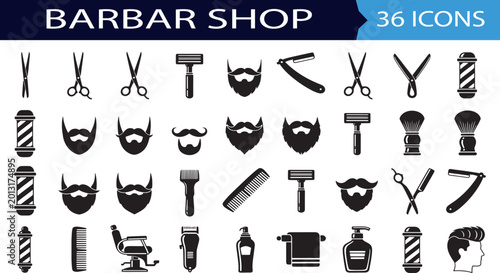 Barber shop icon set for men's grooming, hair styling, and beard care.