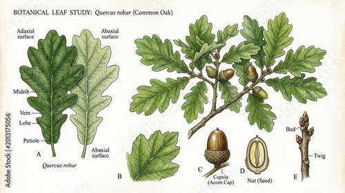 Quadro su tela Detailed Botanical Illustration of Oak Leaves and Acorns.