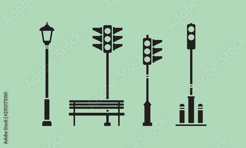 Street furniture silhouettes: traffic lights lamp post bench