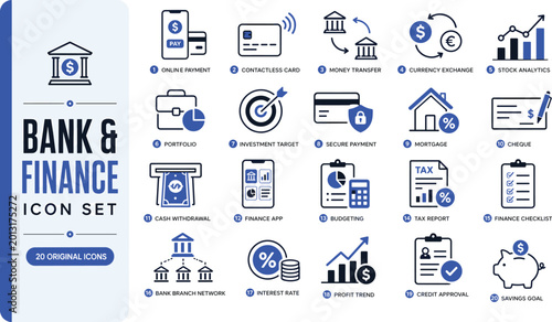Bank and finance icon set featuring 20 financial symbols financial business investment currency exchange calculator security document analysis commerce corporate transaction building