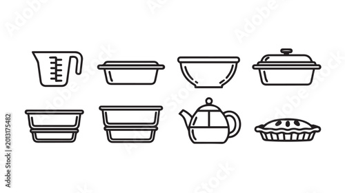 Kitchenware line art collection during a clean white background with food preparation and serving concepts