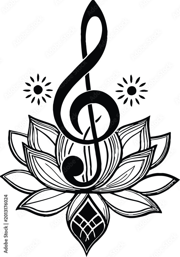 Fototapeta premium treble clef music note with lotus flower and sun symbol line art design