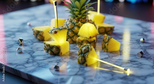 Illuminated pieces of tropical fruit are arranged artfully on a polished stone surface.