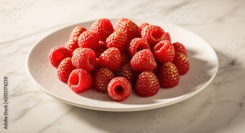 Abundant fresh red berries pile high on a white ceramic serving dish atop a light stone surface.