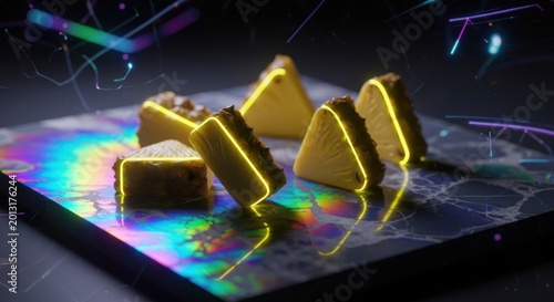 Slices of tropical fruit displayed on a dark, reflective surface with neon light accents.