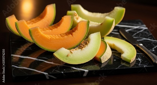 Slices of ripe cantaloupe and honeydew melons rest on a dark marbled serving surface.