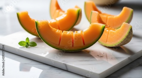 Several ripe cantaloupe wedges rest on a polished white surface with a fresh mint leaf garnish.