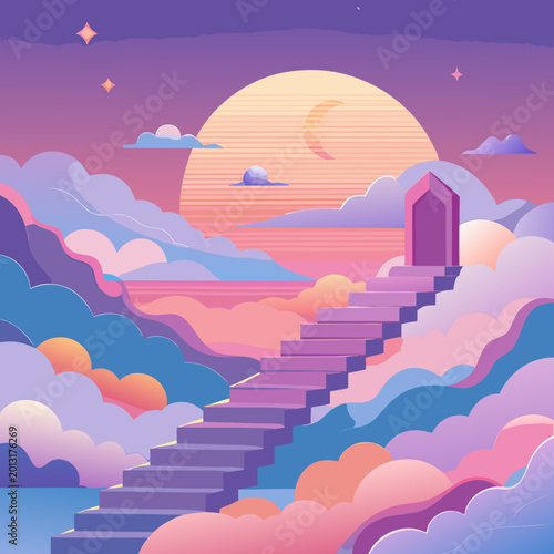 Photos Stairway to heaven concept in a surreal sunset sky with stairway, spiritual