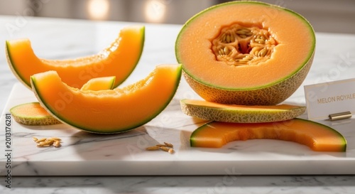 Freshly cut orange fleshed cantaloupe pieces arranged on a white marble surface