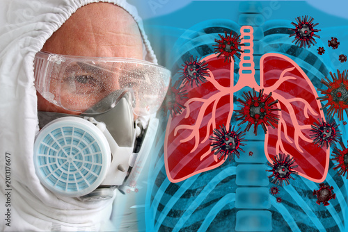 Biohazard scientist studying dangerous respiratory virus infection, laboratory protection concept, infection danger visualization, human lungs anatomy, epidemic response, laboratory healthcare safety