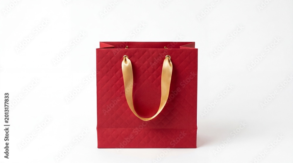 Fototapeta premium Red gift shopping bag with golden ribbon handles