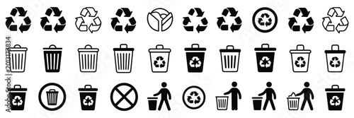 Bild auf Leinwand Recycle and trash can icons set, waste bin and recycle symbols for environmental disposal and cleaning vector illustration
