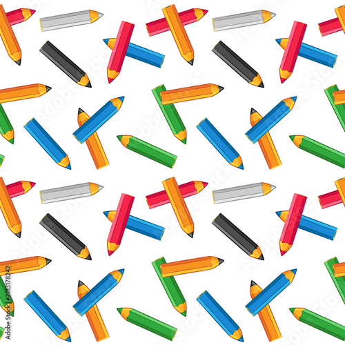 Seamless pattern with colorful cartoon pencils on white background