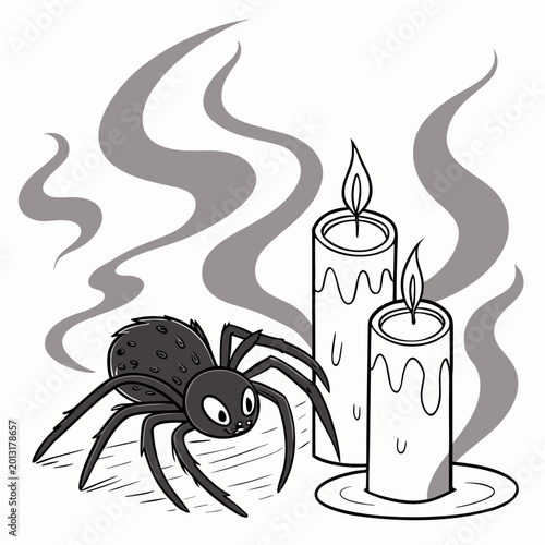 Принти на полотні Spider and burning candles grayscale vector illustration with smoke high quality