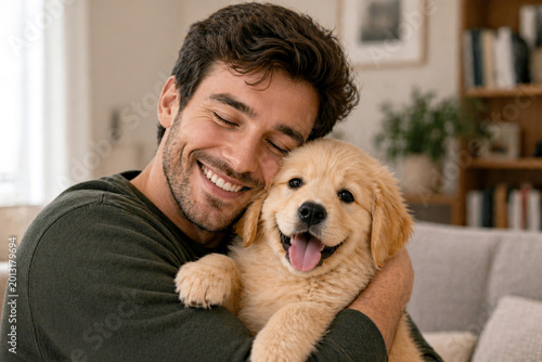 Smiling young man gently hugging golden retriever puppy in cozy living room on blurred home background