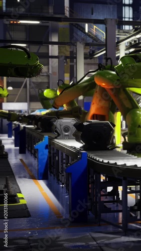 In a bustling factory filled with machinery, robotic arms swiftly move to assemble metal parts. Sparks fly as they work efficiently in a dynamic, illuminated environment.