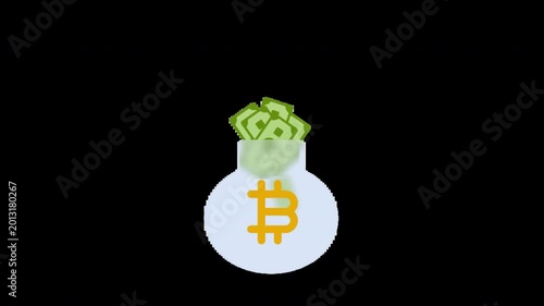 Isolated flat illustration of a white money bag filled with green banknotes and featuring a yellow cryptocurrency symbol representing digital wealth and financial investment