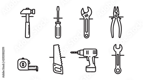 Set of eight essential construction tools arranged neatly on white background for DIY projects and repairs