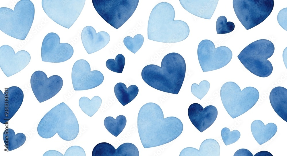 Fototapeta premium Blue watercolor hearts pattern
