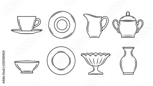 Set of elegant line art ceramic tableware including a cup saucer bowl pitcher sugar pot dessert dish and vase