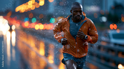 Marathon runner pushing through a torrential downpour on an empty city highway at night determined and solitary