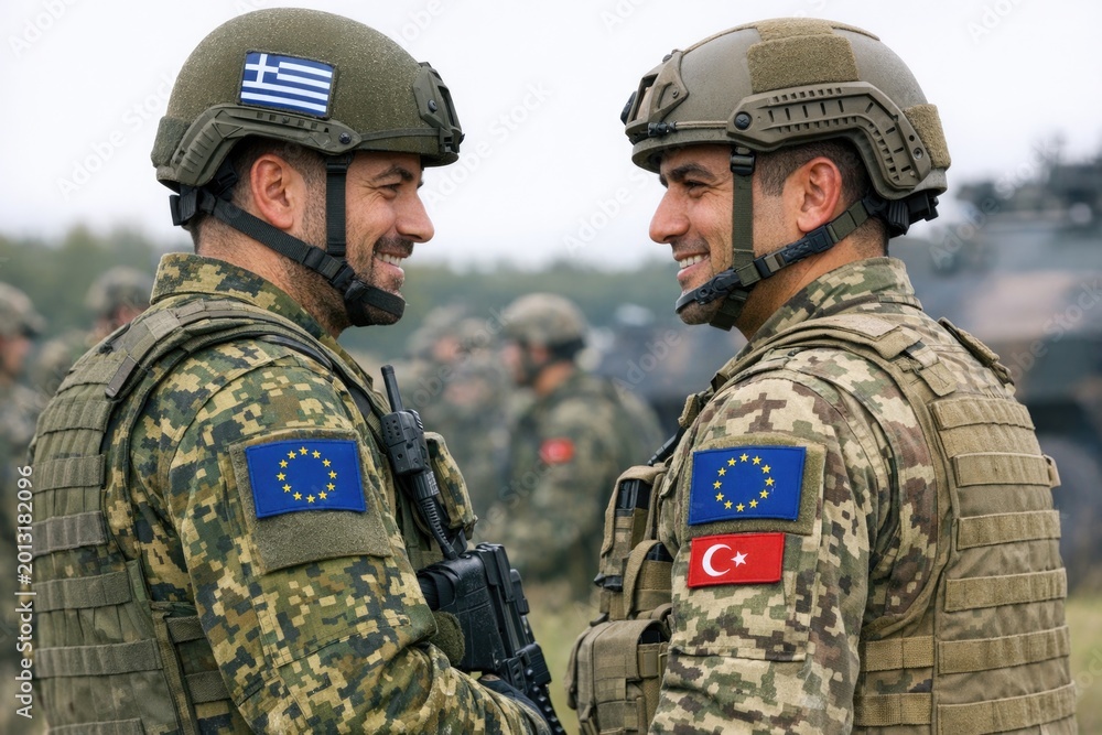 Naklejka premium Two soldiers in uniform standing side by side