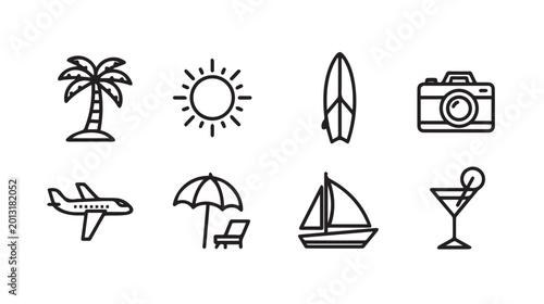 Summer vacation icons with airplane surfboard and cocktail on white background for travel planning
