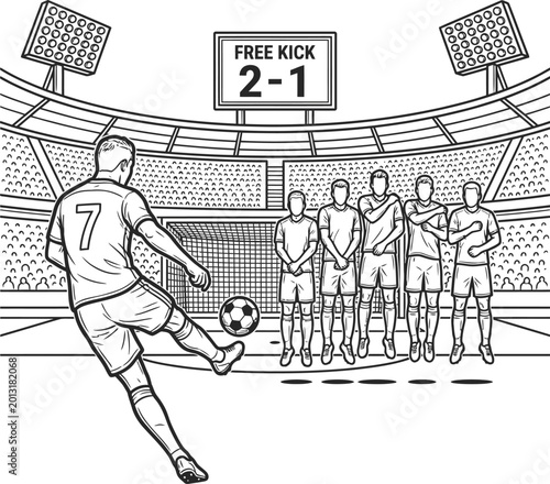 Tablou pe pânză Soccer player taking a free kick in a stadium with a scoreboard showing 2 1