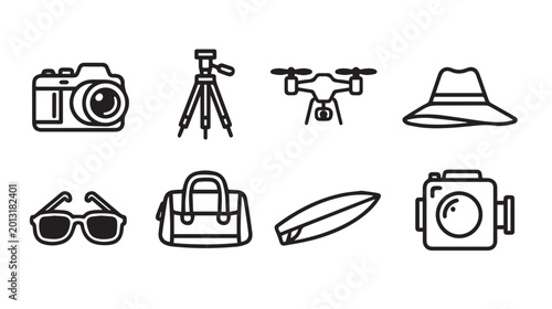 Travel gear icons in a clean line art style on a white background for vacation planning