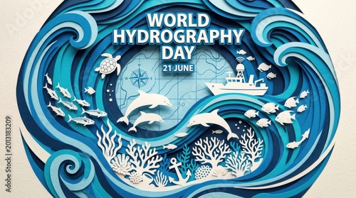 World Hydrography Day illustration with ocean creatures and ship