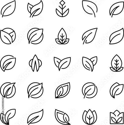 Collection of 25 hand-drawn leaf line art icons with abstract, environment