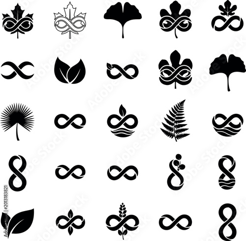 Nature icons: infinity symbol leaves ginkgo biloba maple leaf with infinity