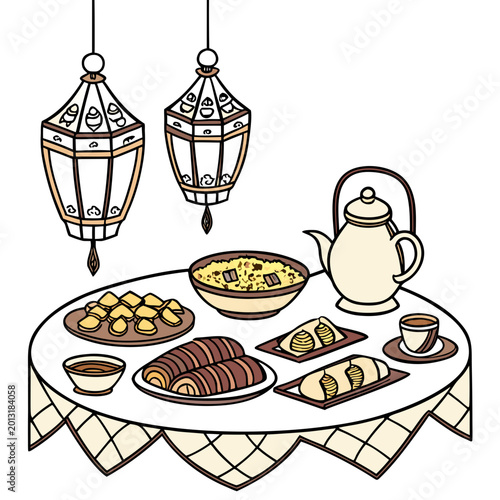 Photos eid al fitr feast still life vector illustration with lanterns and sweets