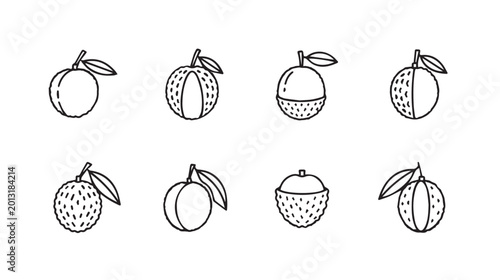 Various stylized fruits with leaves depicted in a clean line art style against a white background