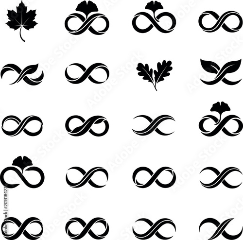 Infinity symbol and nature motifs: leaves ginkgo maple with infinity, botanical