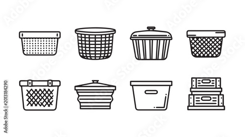 Various stylized line art containers with different weaving patterns and lids on a white background