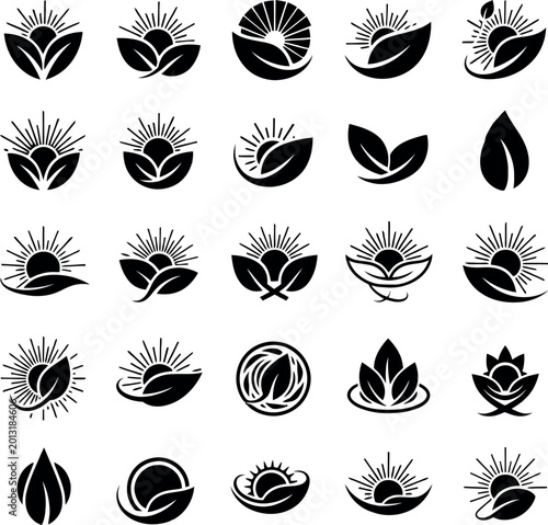 Set of natural and organic logo symbols featuring sun and leaves, environment