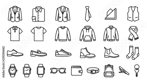 Canvastavla Mens fashion clothing and accessories outline icon set in black and white vector