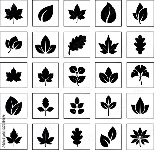 Variety of stylized leaf icons representing different tree species with template
