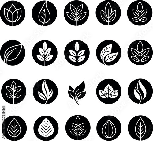 Set of 20 white leaf icons on black circles with collection botanical logomark