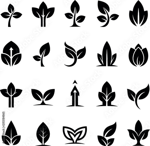 20 black silhouette icons of growing leaves and plants with collection, seedling