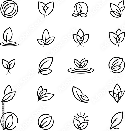 Set of 20 minimalist outline icons of leaves and nature elements with line art