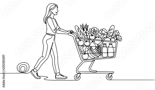 Foto Continuous line woman pushing shopping trolley vector illustration supermarket g