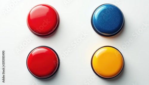 Free Download Four round buttons, two red, one blue, and one yellow, sit on a white surface. These glossy, three-dimensional objects feature smooth textures and dark circular rims. - GFXLoad