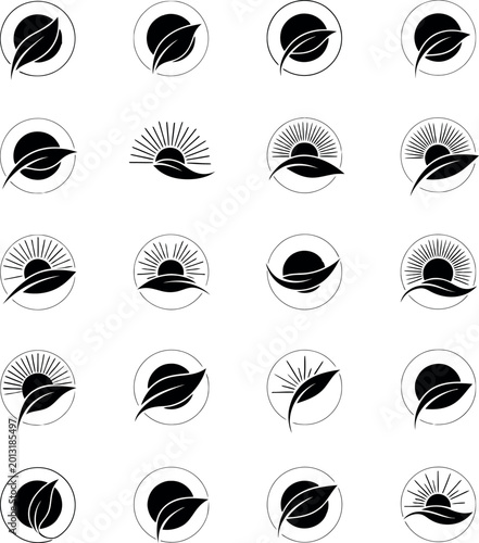 Collection of 20 stylized leaf and sun logos in black and white with wellness