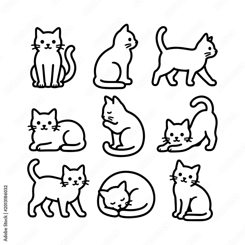 Fototapeta premium Collection of nine black and white cat poses in line art illustration