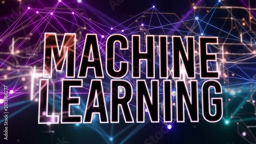 Network pulse revealing MACHINE LEARNING title, letters glowing and growing to highlight tech intro