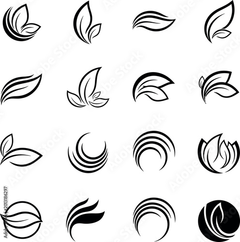 Set of 16 elegant black and white abstract leaf and swirl logos with wellness
