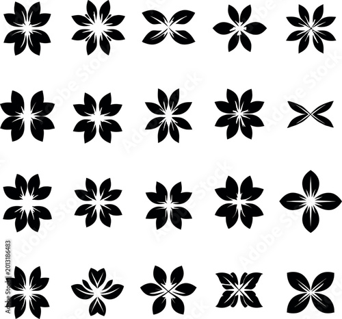 Assortment of 20 black and white floral and star-shaped icons with minimalist