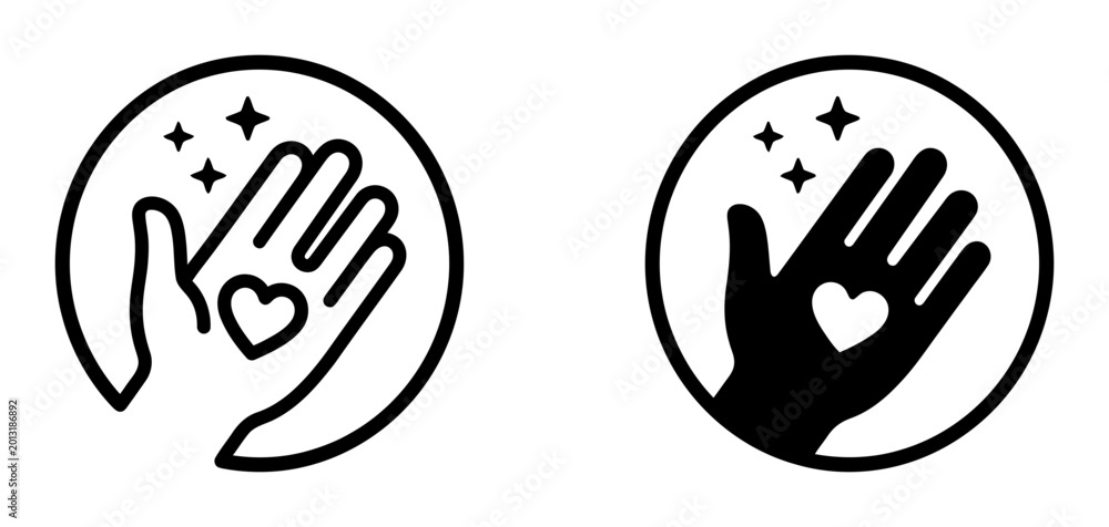 Obraz premium Two hands silhouette icons with hearts stars in circles, solid black outline style, charity care support concept